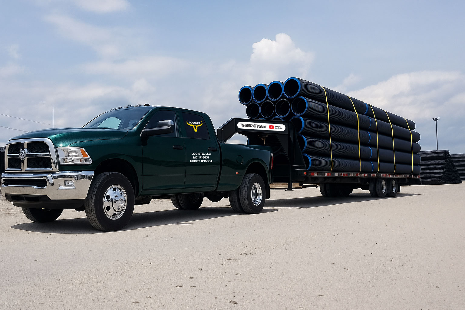 LOGISTX dually hauling mission-critical HDPE conduit on a gooseneck trailer